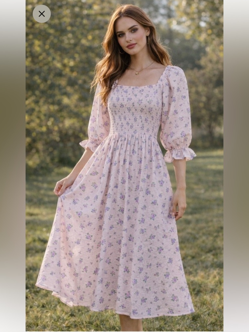 Ivy City Co Teagan Dress Purple Floral Pink Gingham L Maxi Puff Sleeve Smocked